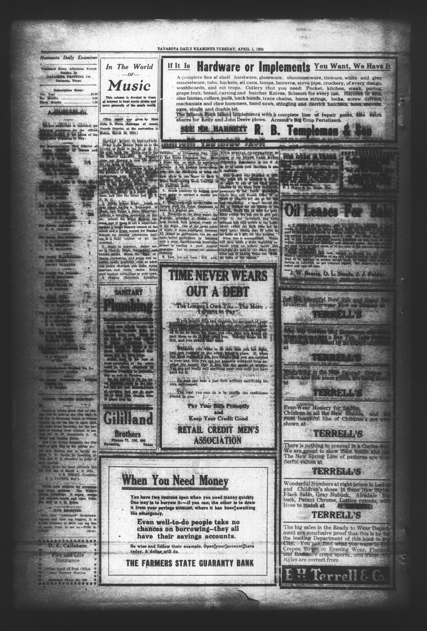 Navasota Daily Examiner (Navasota, Tex.), Vol. 27, No. 48, Ed. 1 Tuesday, April 1, 1924
                                                
                                                    [Sequence #]: 2 of 4
                                                