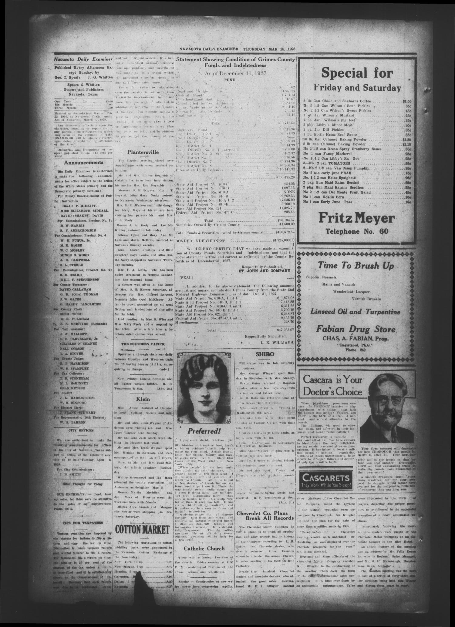 Navasota Daily Examiner (Navasota, Tex.), Vol. 31, No. 30, Ed. 1 Thursday, March 15, 1928
                                                
                                                    [Sequence #]: 2 of 6
                                                