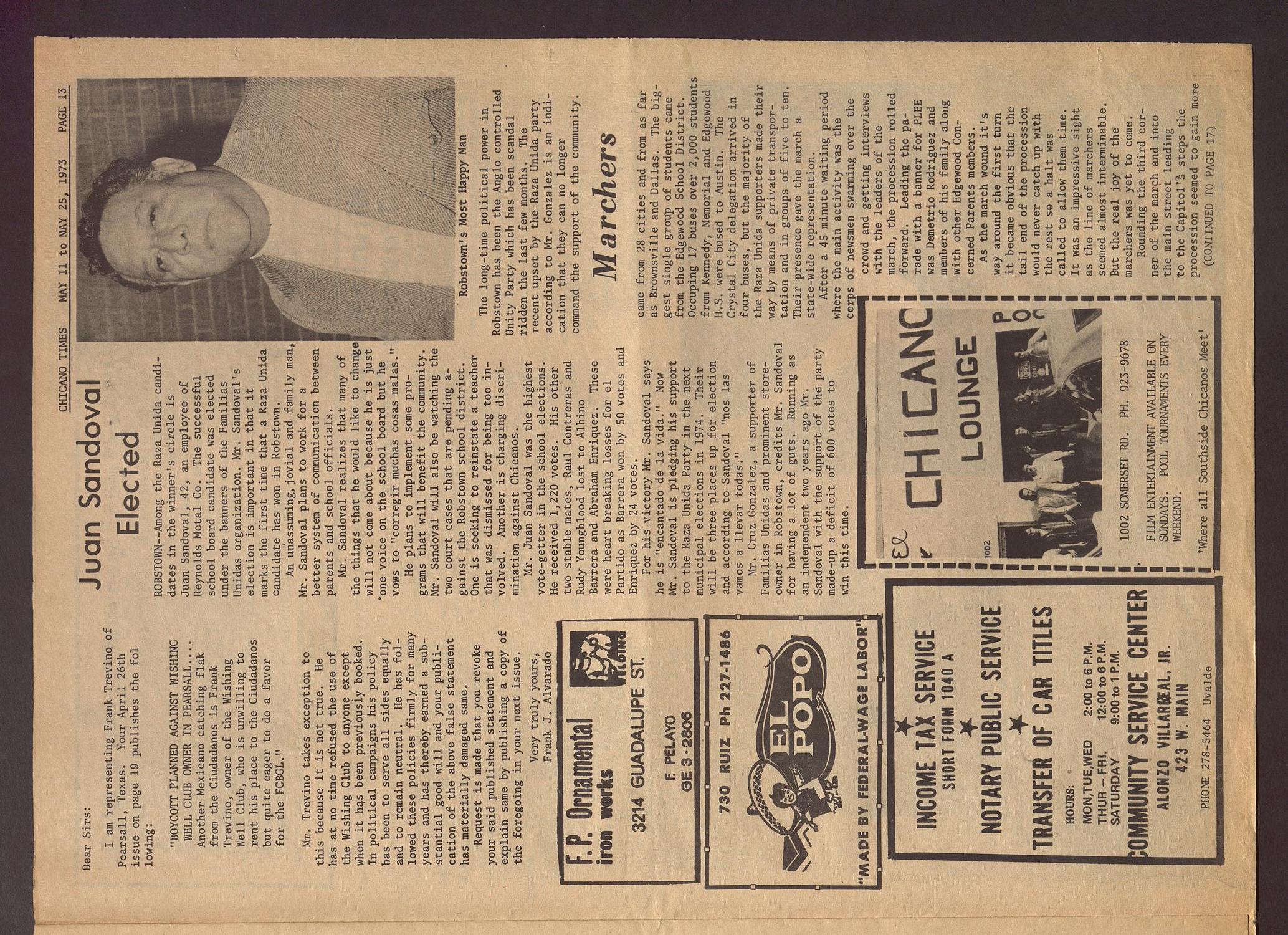 Chicano Times (San Antonio, Tex.), Vol. 4, No. 17, Ed. 1 Friday, May 11, 1973
                                                
                                                    [Sequence #]: 13 of 20
                                                