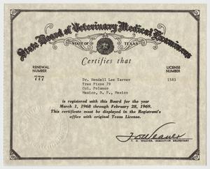 Primary view of object titled '[Texas Veterinary Certification: 1968]'.
