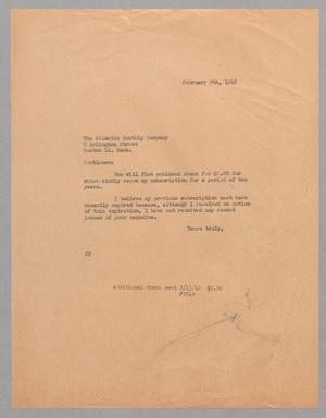Primary view of object titled '[Letter from Daniel W. Kempner to Atlantic Monthly Company, February 9, 1948]'.