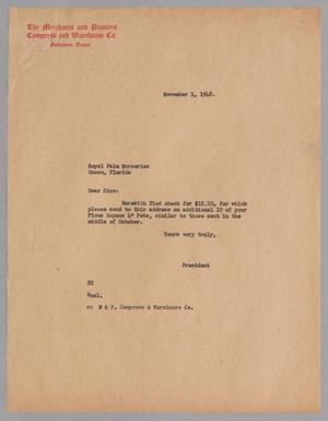 Primary view of object titled '[Letter to Royal Palm Nurseries from Daniel W. Kempner, November 1, 1948]'.