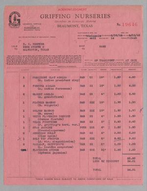 Primary view of object titled '[Invoice for Items from Griffing Nurseries, March 1948]'.