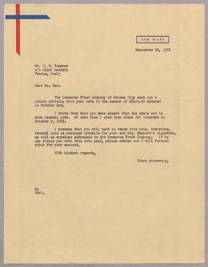 Primary view of object titled '[Letter from A. H. Blackshear, Jr. to Daniel W. Kempner, September 23, 1952]'.