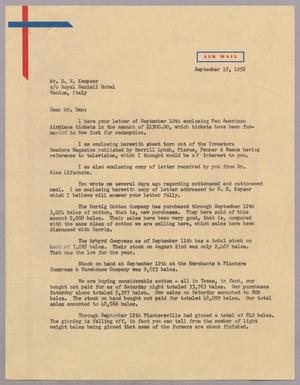 Primary view of object titled '[Letter from A. H. Blackshear, Jr. to Daniel W. Kempner, September 15, 1952]'.