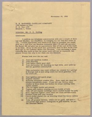 Primary view of object titled '[Letter from D. W. Kempner to D. B. McDaniel Cadillac Company, November 19, 1952]'.