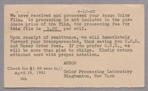 Primary view of object titled '[Invoice for Ansco Color Film, April 1952]'.