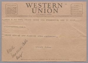 Primary view of object titled '[Telegram from The Chardine Family to Kempner, March 31, 1952]'.