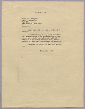 Primary view of [Letter from Daniel W. Kempner to Rosa Anspach, April 1, 1952]