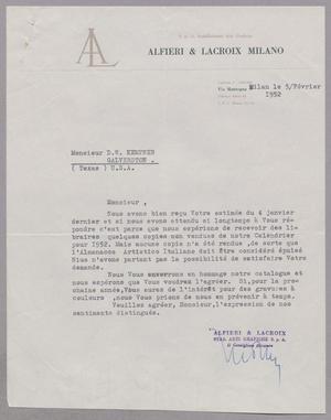 Primary view of object titled '[Letter from Alfieri & Lacroix to Daniel W. Kempner, February 5, 1952]'.