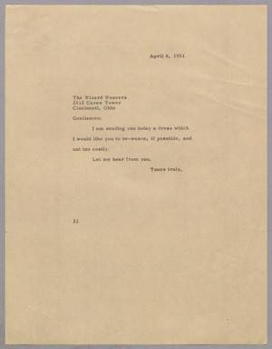 Primary view of object titled '[Letter from Daniel W. Kempner to The Wizard Weaver, April 4, 1951]'.