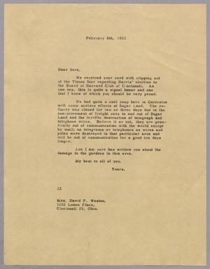Primary view of object titled '[Letter from Daniel W. Kemper to Mrs. David F. Weston, February 6, 1951]'.
