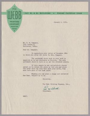 Primary view of object titled '[Letter from The Webb printing Company to Daniel W. Kempner, January 2, 1951]'.