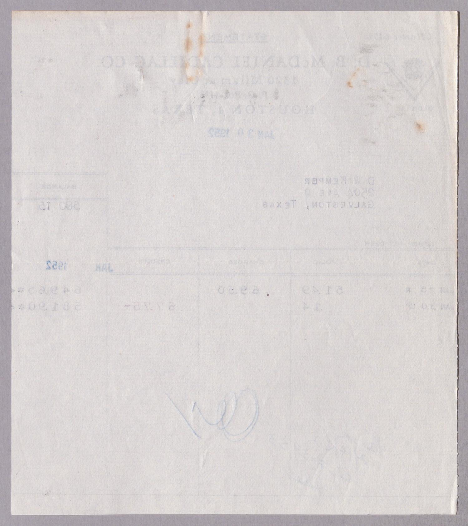 [Invoice for Balance for D. B. McDaniel Cadillac Co., January 1952]
                                                
                                                    [Sequence #]: 2 of 2
                                                
