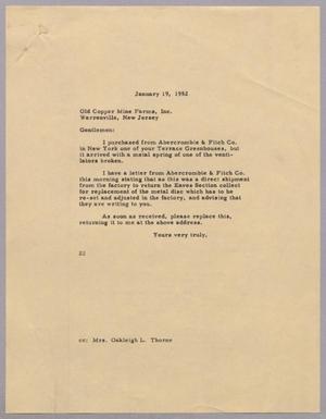 Primary view of object titled '[Letter from Daniel W. Kempner to Old Copper Mine Farms, Inc., January 19, 1952]'.