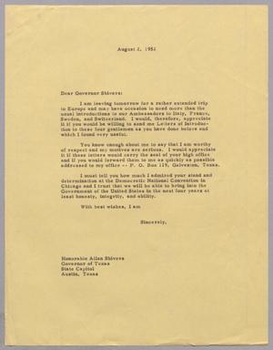 Primary view of object titled '[Letter from Daniel W. Kempner to Allan Shivers, August 2, 1952]'.