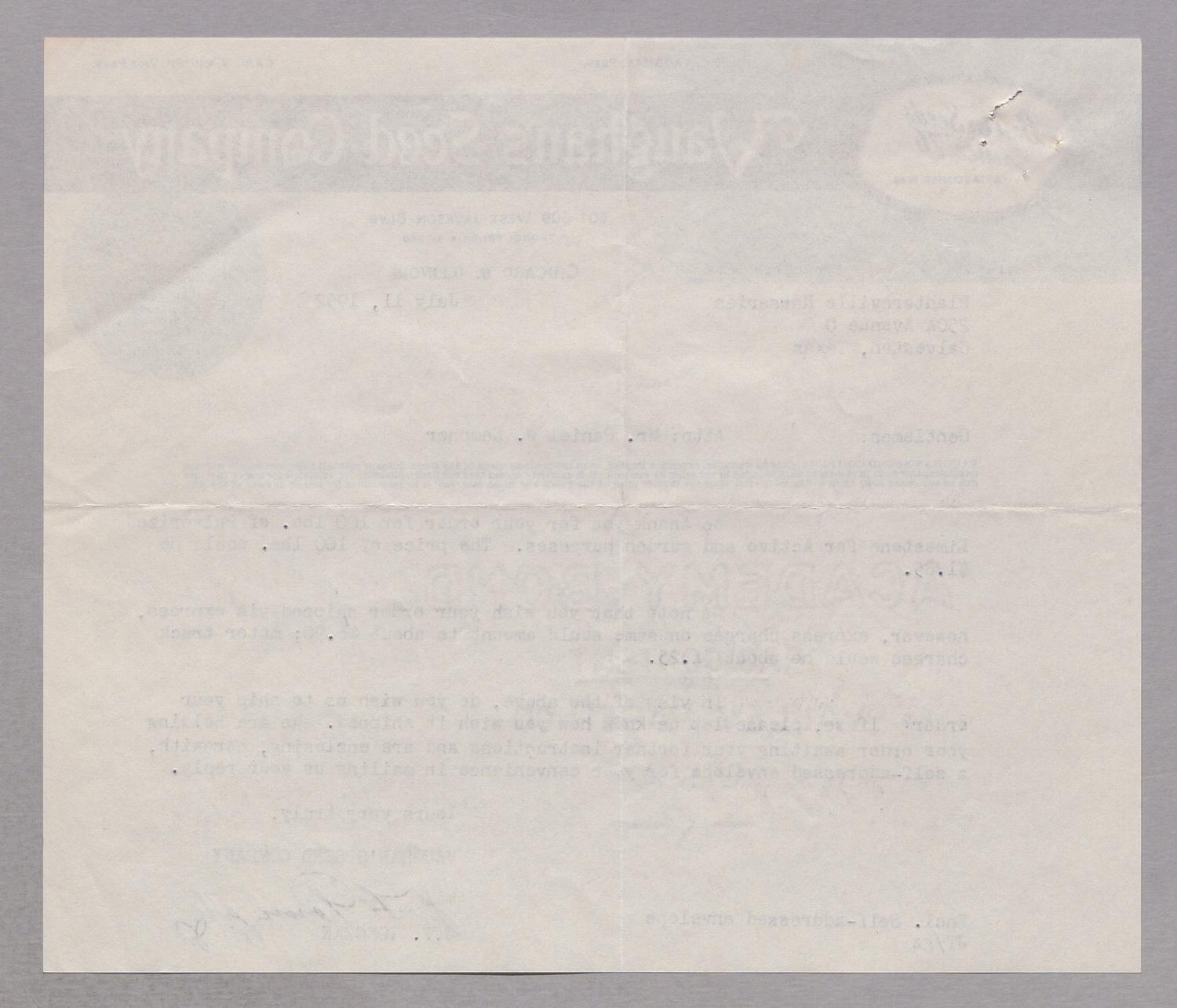 [Letter from Vaughan's Seed Company to Plantersville Nurseries, July 11, 1952]
                                                
                                                    [Sequence #]: 2 of 2
                                                