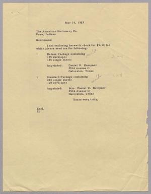 Primary view of object titled '[Letter from Daniel W. Kempner to the American Stationery Co., May 14, 1953]'.