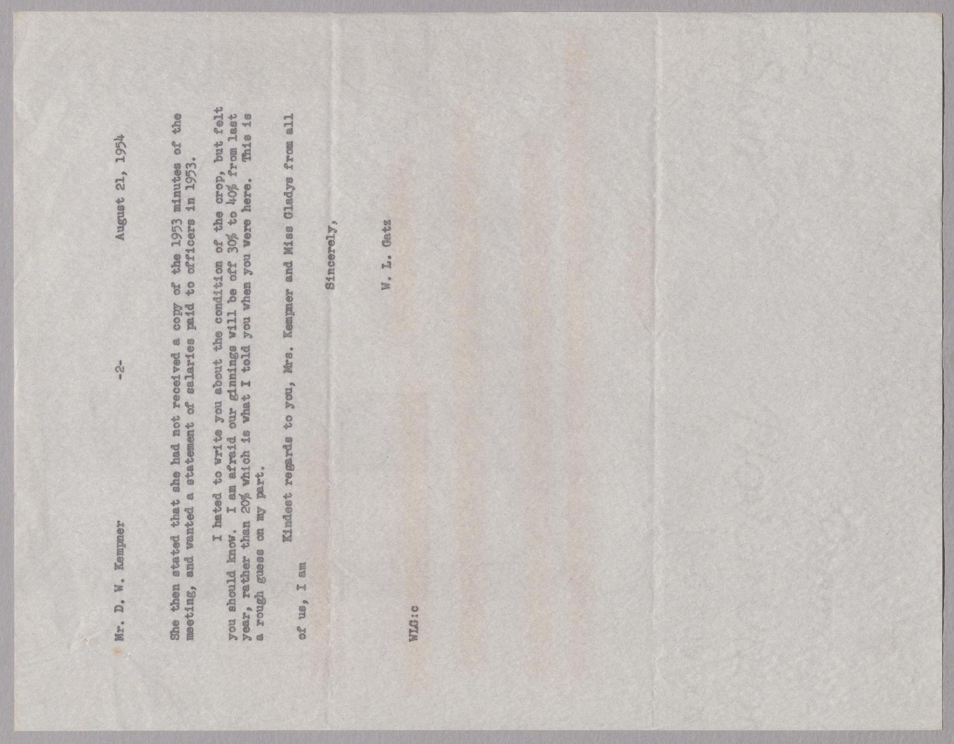 [Letter from W. L. Gatz to Daniel W. Kempner, August 21, 1954]
                                                
                                                    [Sequence #]: 3 of 4
                                                