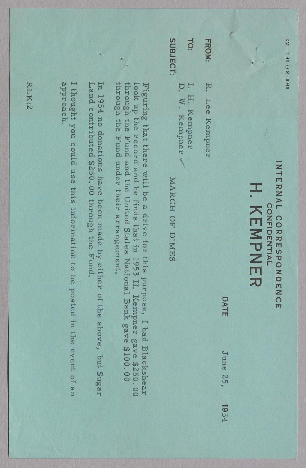 [Message from R. Lee Kempner to I. H. and D. W. Kempner, June 25, 1954]
                                                
                                                    [Sequence #]: 1 of 2
                                                