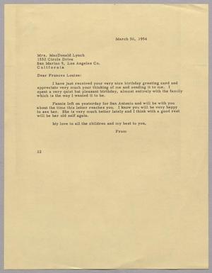 Primary view of object titled '[Letter from D. W. Kempner to Mrs. MacDonald Lynch, March 30, 1954]'.