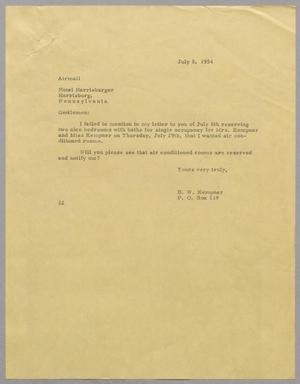 Primary view of object titled '[Letter from D. W. Kempner to Hotel Harrisburger, July 8, 1954]'.