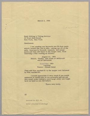 Primary view of object titled '[Letter from D. W. Kempner to Stahl Editing & Titling Service, March 2, 1954]'.