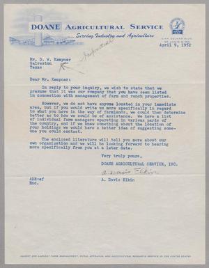 Primary view of object titled '[Letter from Doane Agricultural Service to Daniel W. Kempner, April 9, 1952]'.