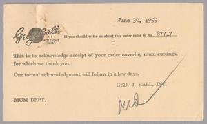 Primary view of object titled '[Postcard from George J. Ball, Inc. to D. W. Kempner, June 30, 1955]'.