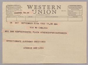 Primary view of object titled '[Telegram from Fannie and Louis Adoure to Jeane Bertig Kempner, {{{date}}}]'.