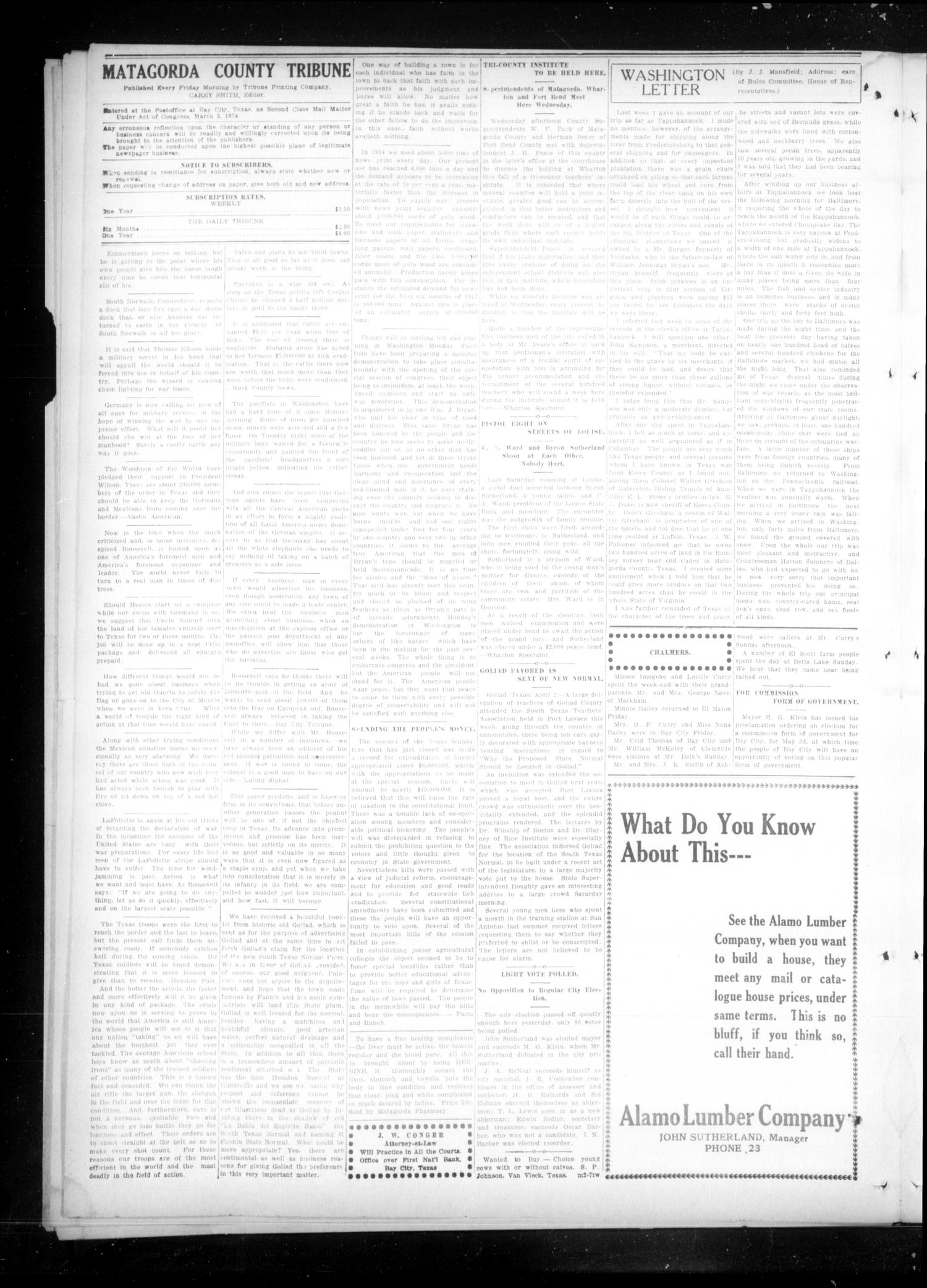 The Matagorda County Tribune (Bay City, Tex.), Vol. 72, No. 13, Ed. 1 Friday, April 6, 1917
                                                
                                                    [Sequence #]: 4 of 8
                                                