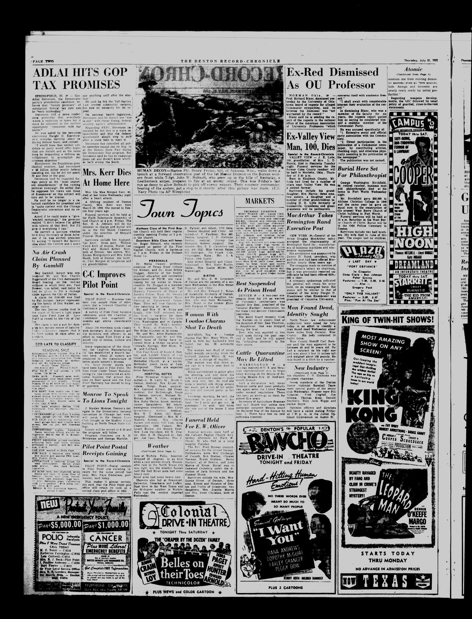 Denton Record-Chronicle (Denton, Tex.), Vol. 49, No. 293, Ed. 1 Thursday, July 31, 1952
                                                
                                                    [Sequence #]: 2 of 16
                                                