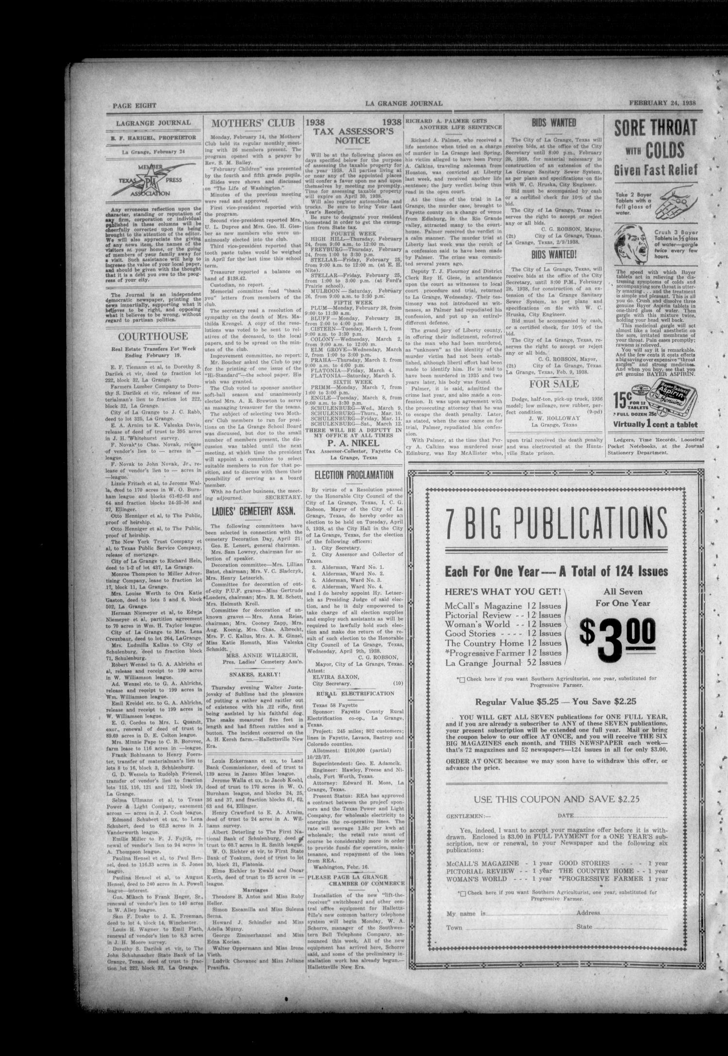 La Grange Journal (La Grange, Tex.), Vol. 59, No. 8, Ed. 1 Thursday, February 24, 1938
                                                
                                                    [Sequence #]: 8 of 8
                                                