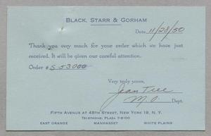 Primary view of object titled '[Postcard from Black, Starr & Gorham to D. W. Kempner, November 28, 1950]'.