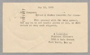 Primary view of object titled '[Letter from Fishburn Cleaners to Jeane Kempner, May 12, 1950]'.