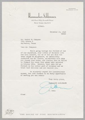 Primary view of [Letter from Hammacher Schlemmer to Daniel W. Kempner, December 15, 1949]