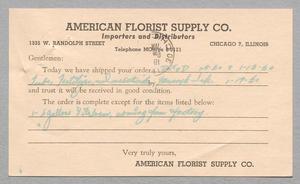 Primary view of object titled '[Postcard from the American Florist Supply Co. to D. W. Kempner, January 19, 1950]'.