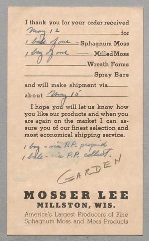 Primary view of object titled '[Postcard from Mosser Lee to D. W. Kempner, May 15, 1950]'.