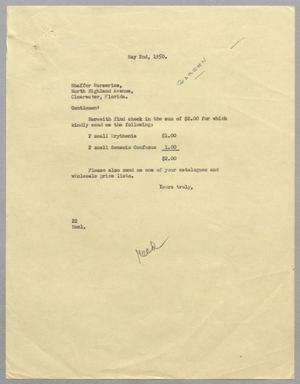 Primary view of object titled '[Letter from D. W. Kempner to Shaffer Nurseries, May 2, 1950]'.