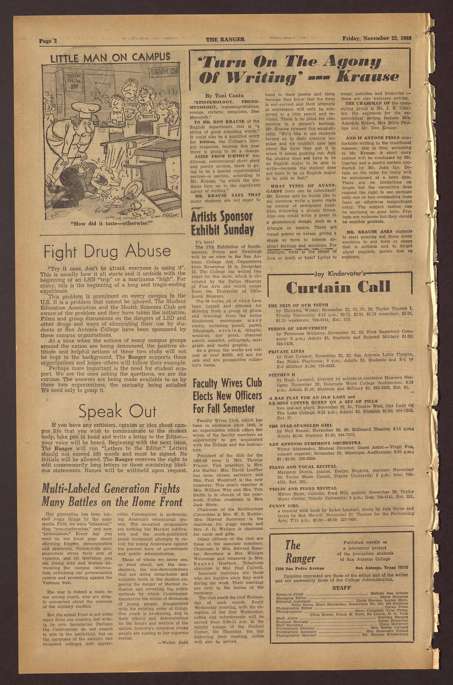 The San Antonio College Ranger (San Antonio, Tex.), Vol. 43, No. 10, Ed. 1 Friday, November 22, 1968
                                                
                                                    [Sequence #]: 2 of 4
                                                