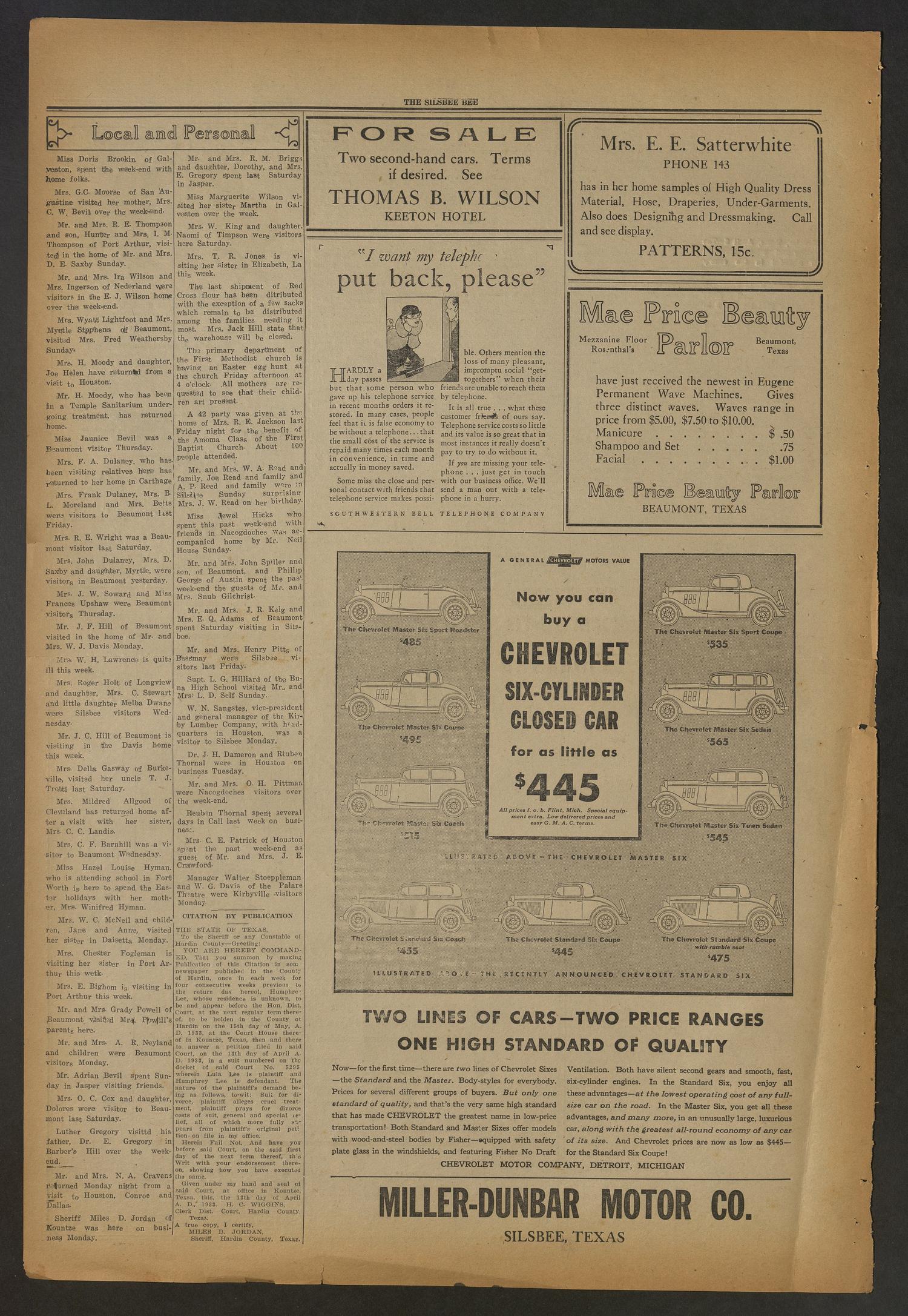 The Silsbee Bee (Silsbee, Tex.), Vol. 15, No. 11, Ed. 1 Friday, April 14, 1933
                                                
                                                    [Sequence #]: 4 of 4
                                                
