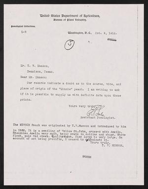 Primary view of object titled '[Letter from E. R. Lake to T. V. Munson, October 9, 1912]'.