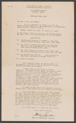 Primary view of object titled '[Letter from Max Lewis to Congregation Adath Yeshurun, February 26, 1940]'.