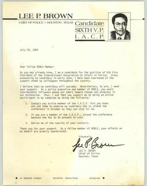 Primary view of object titled '[Letter from Lee P. Brown to N.O.B.L.E. Members, July 20, 1984]'.