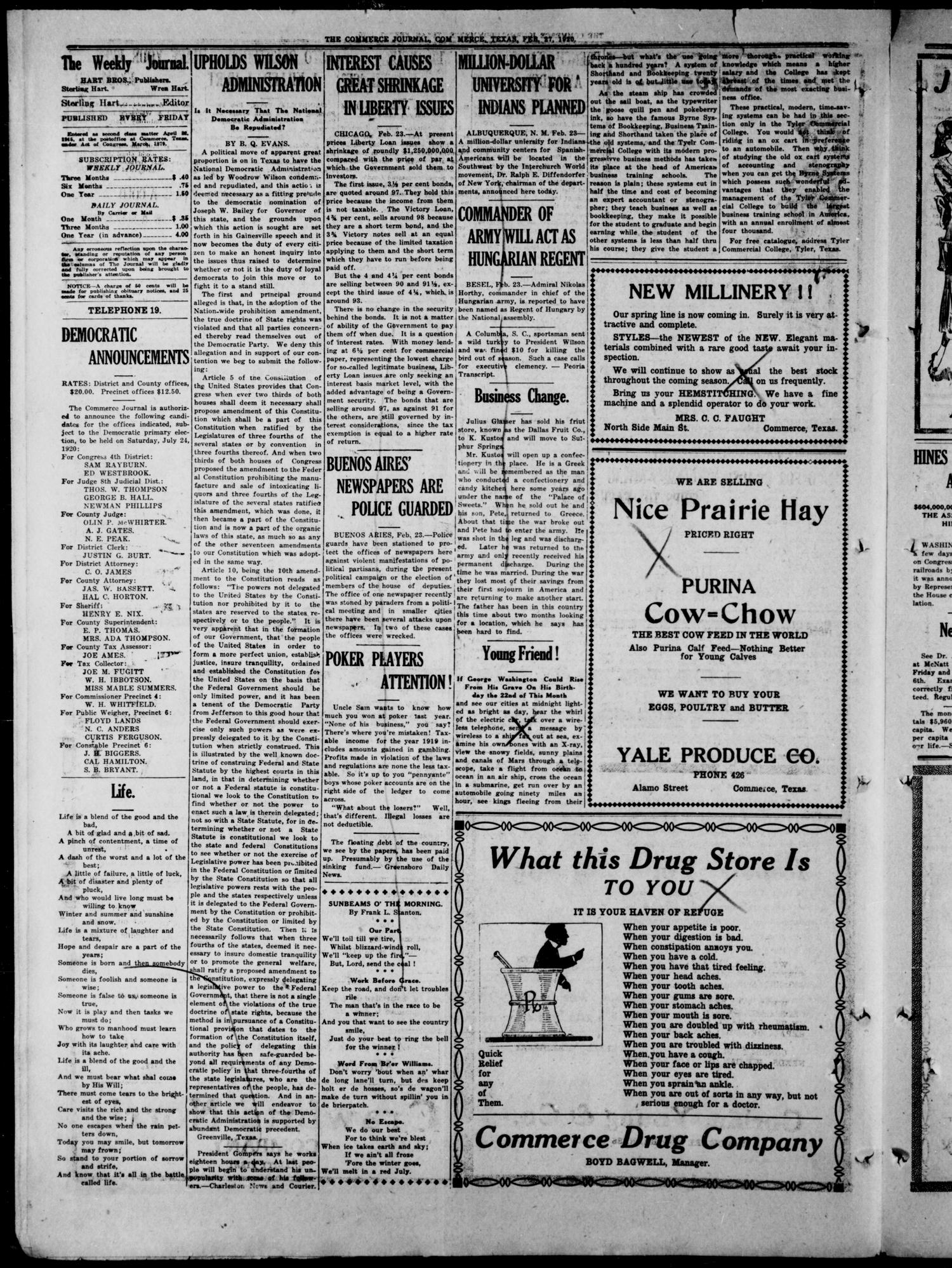 The Commerce Journal. (Commerce, Tex.), Vol. 31, No. 9, Ed. 1 Friday, February 27, 1920
                                                
                                                    [Sequence #]: 4 of 8
                                                