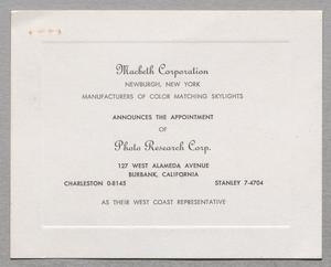 Primary view of object titled '[Card from Macbeth Corporation]'.