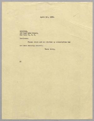 Primary view of object titled '[Letter from Daniel W. Kempner to Newsweek, April 3, 1950]'.