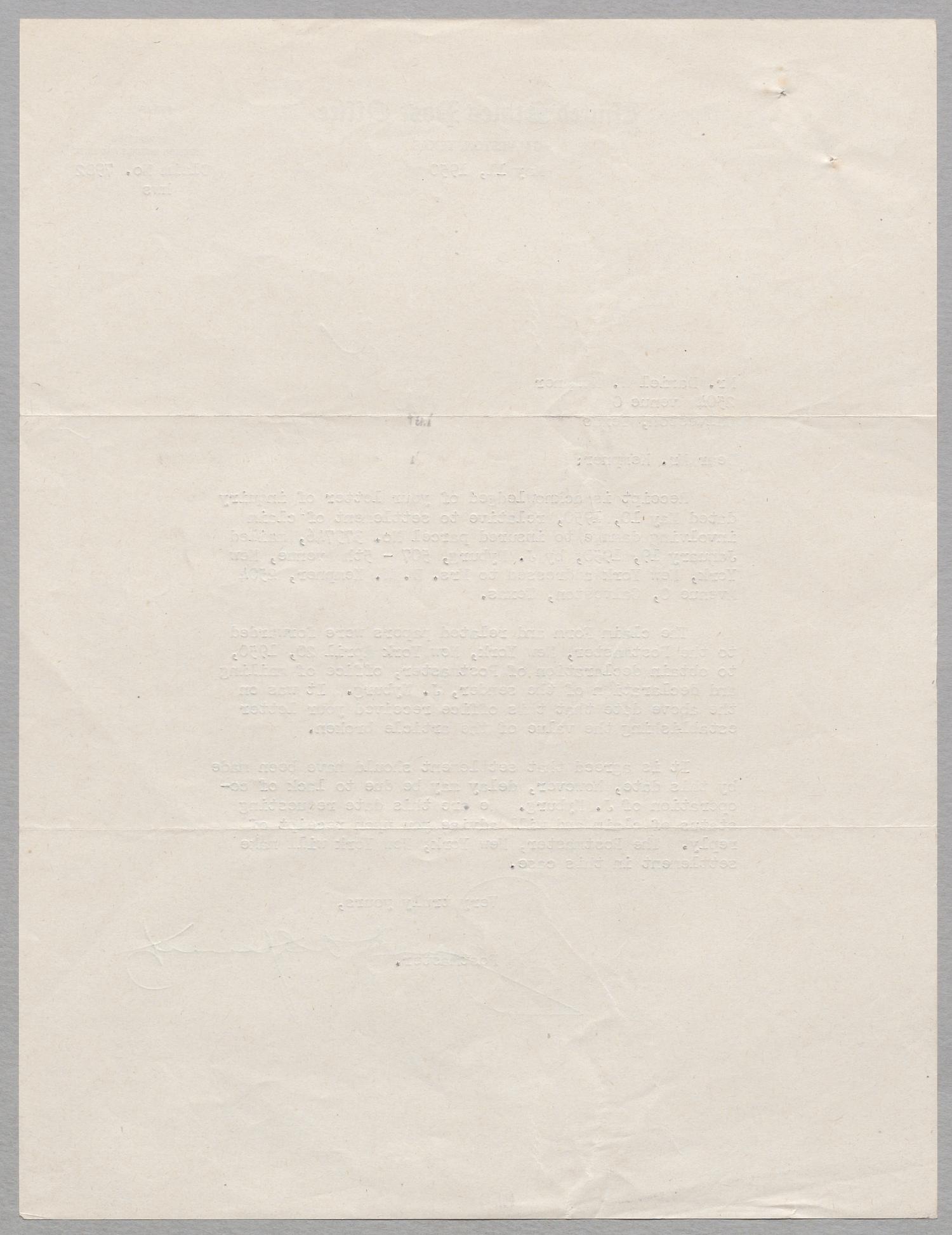 [Letter from Postmaster to Daniel W. Kempner, May 11, 1950]
                                                
                                                    [Sequence #]: 2 of 2
                                                