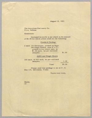 Primary view of object titled '[Letter from D. W. Kempner to The American Stationery Company, August 13, 1951]'.