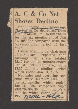 Primary view of object titled '[Clipping: A, C & Co Net Shows Decline]'.